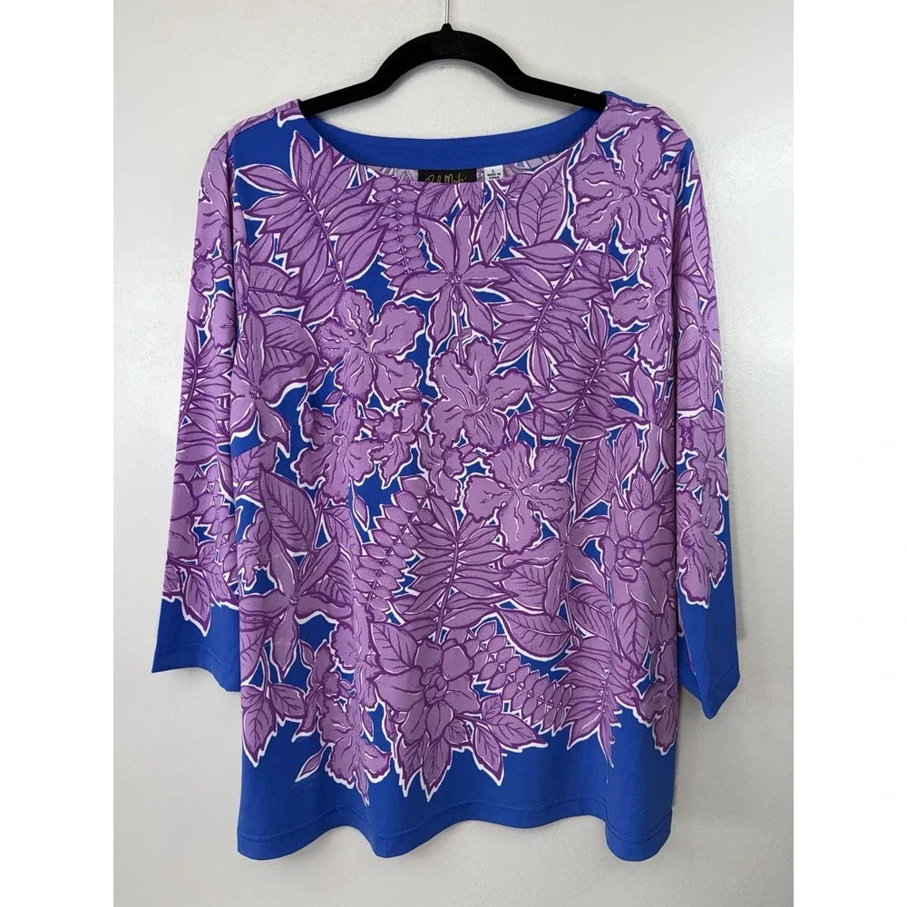 Bob Mackie‎ Wearable Art Blue Tunic W Lavender Flowers Scoopneck Size L